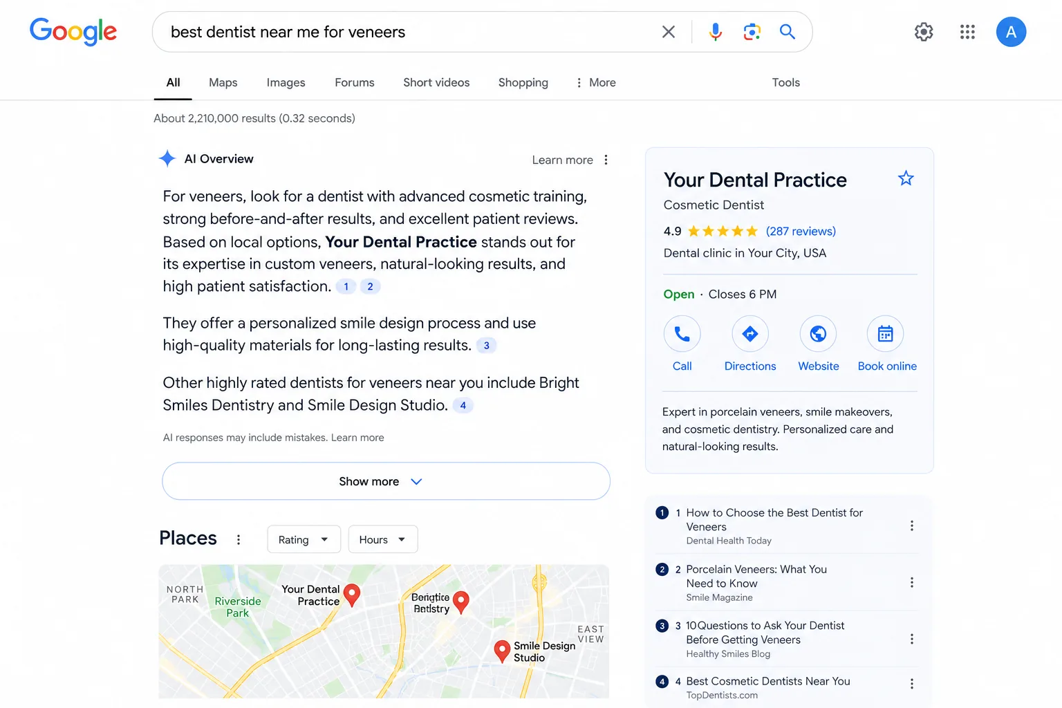 Google AI Overview for a best dentist near me for veneers search, naming and citing Your Dental Practice