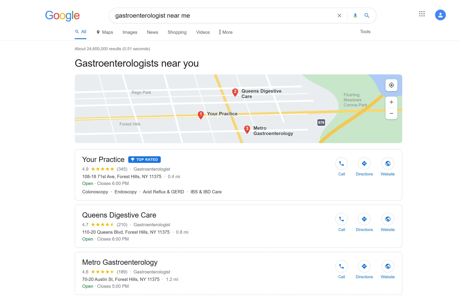 Google local map pack for a gastroenterologist near me search, with Your Practice ranked first and badged top rated
