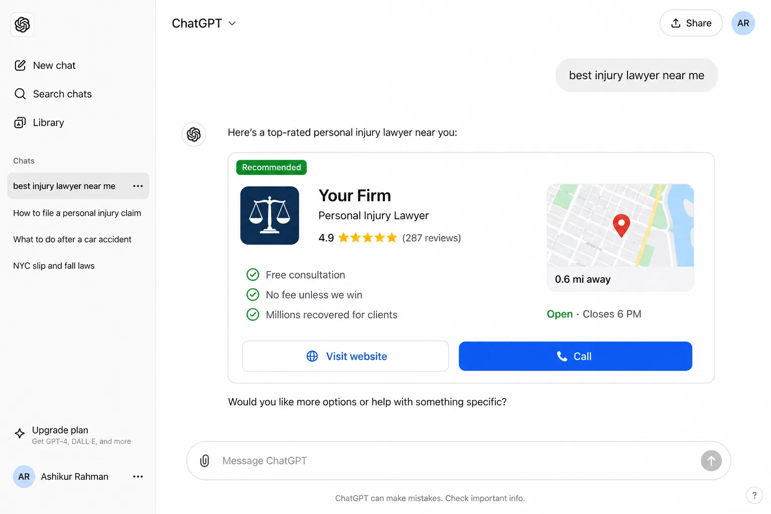 ChatGPT recommending Your Firm as a top rated personal injury lawyer, with call and visit website buttons