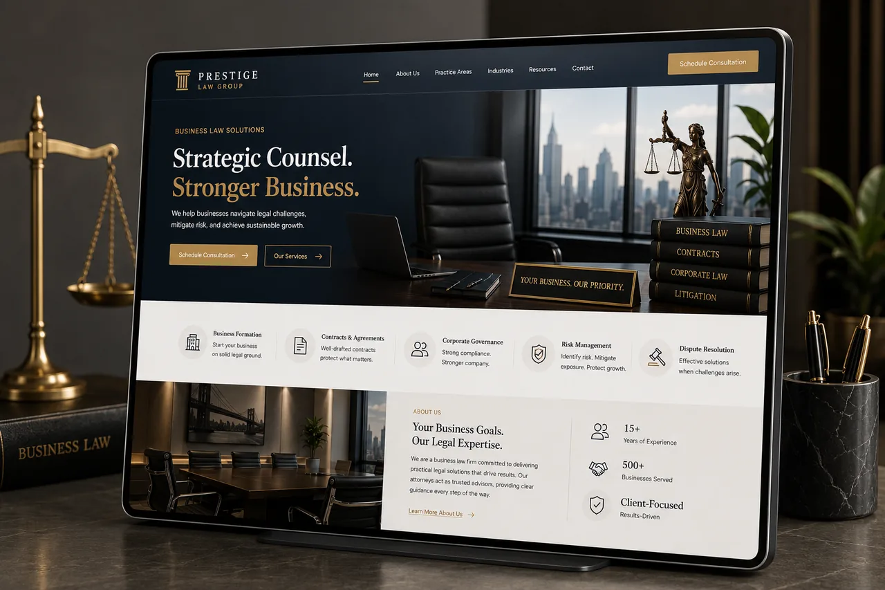 Business and corporate law website mockup, designed by Proximity Ranker