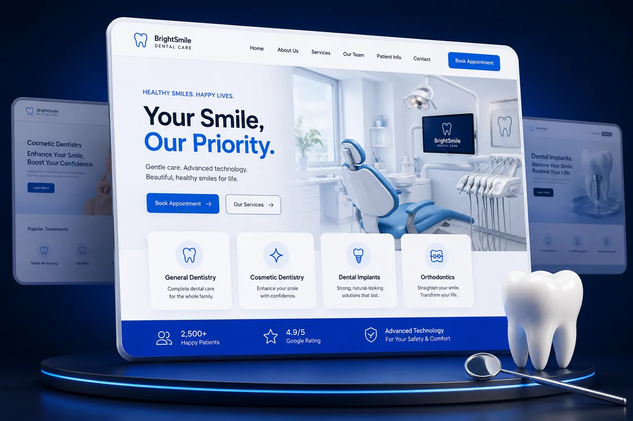 Dental practice website mockup with online booking, designed by Proximity Ranker