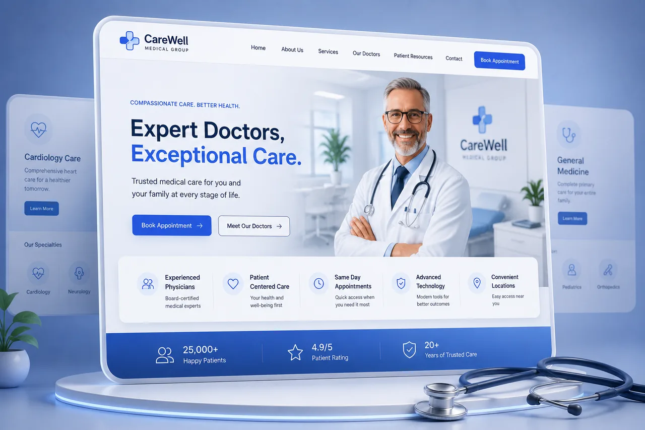 Doctor and medical practice website mockup on a laptop, designed by Proximity Ranker