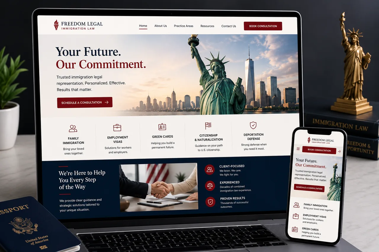 Immigration law firm website mockup, designed by Proximity Ranker