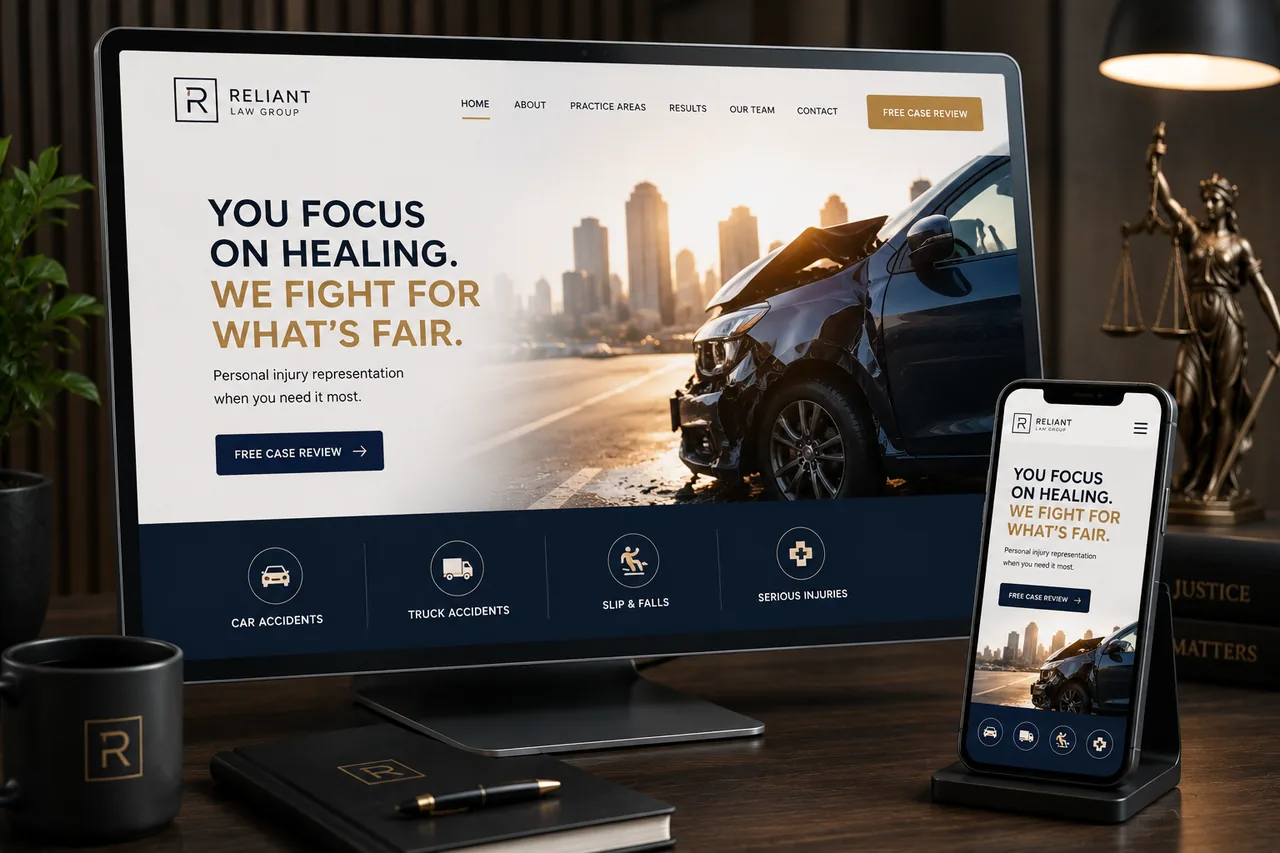 Personal injury law firm website mockup, designed by Proximity Ranker