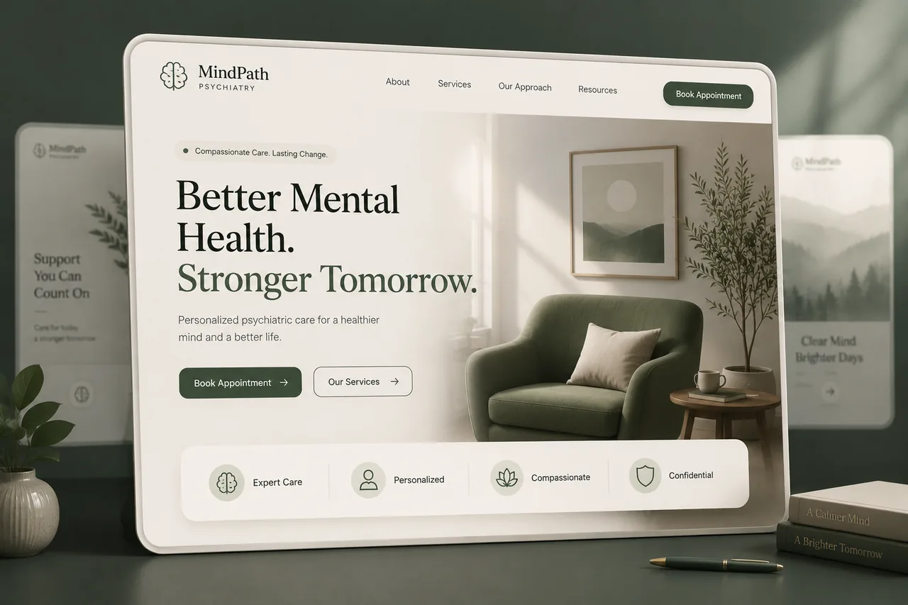 Psychiatry practice website mockup, designed by Proximity Ranker